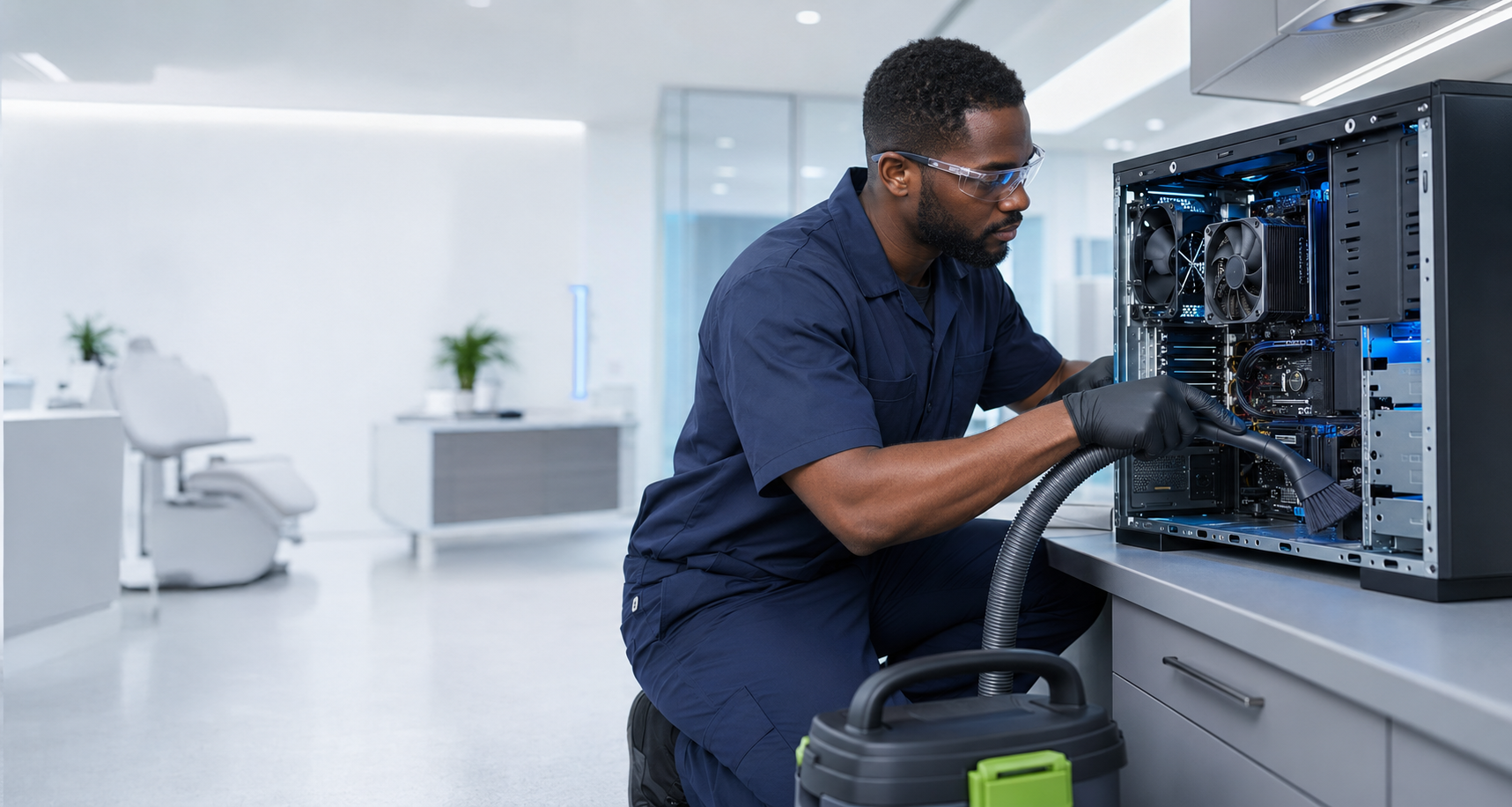 Tech-Jani technician carefully cleaning the internal components of a desktop workstation